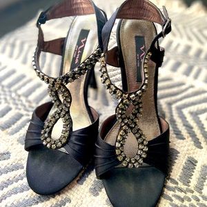 Nina Leather and Satin Rhinestone Heels